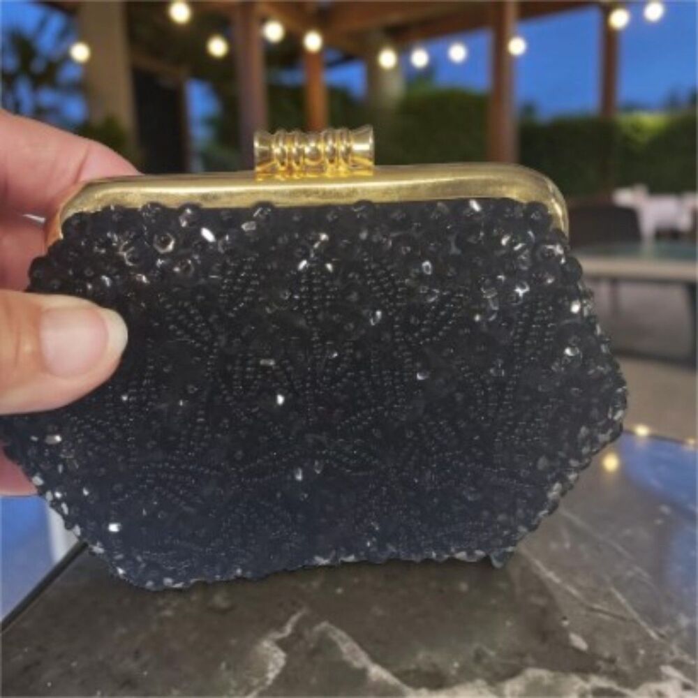 Vintage SAFCO Mini Black Beaded Sequin Coin Purse Kiss Lock Handmade Hong Kong